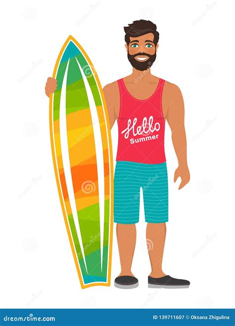 Smiling Man Posing With Surfboard Stock Vector Illustration Of