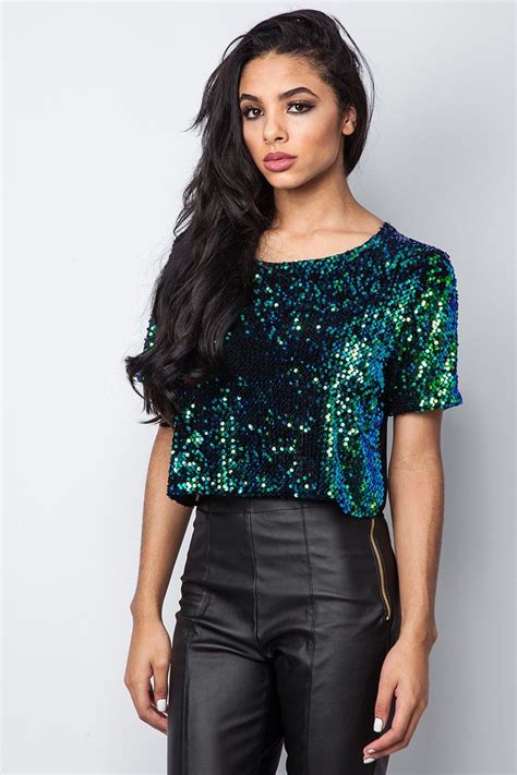 Ariel Green Sequin Crop Top At MIsspap Co Uk Sequins Top Outfit