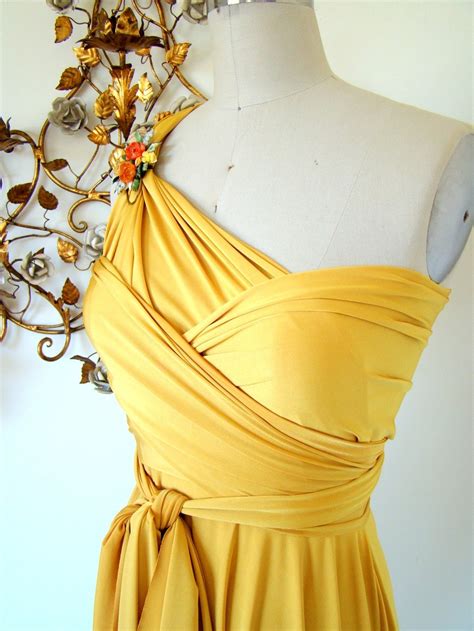 One Shoulder Rich Yellow Silk Convertible Bridesmaid Dress With Brooch