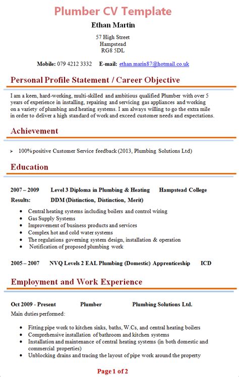 A cv, short form of curriculum vitae, is similar to a resume. plumber-cv-template-1