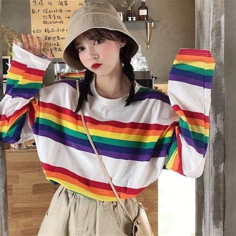 Rainbow Striped Striped T Shirt Women For Women Sautumn Korean Ulzzang Harajuku Top Long Sleeve