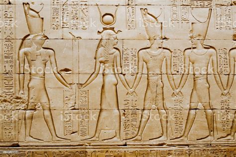 Reliefs Of Egyptian Hieroglyphs On Wall At Horus Temple Edfu Egypt