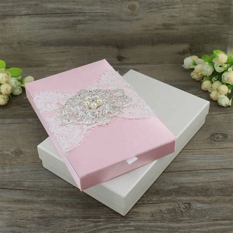 Wholesale Luxury Lace Custom Silk Wedding Invitation Box In Pink And Hardcover Fabric Silk Box