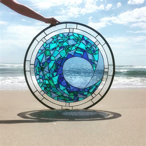 Stained Glass Panel Window Framed Art Glass Blue Green Stained Glass