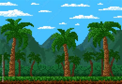 Jungle Forest 8 Bit Pixel Game Level Landscape With Palms Vector
