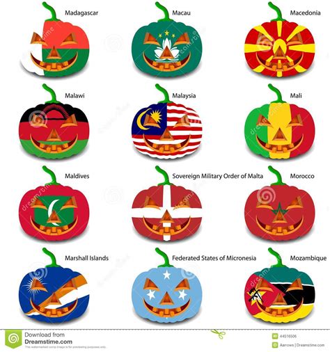 Set Pumpkins For Halloween As A Flags Of The World Stock Vector