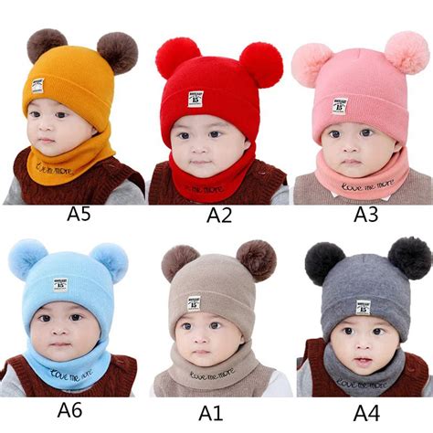 2pcs Set Baby Hat Scarf Set Cute Pompom Autumnwinter Cotton Knit Hat