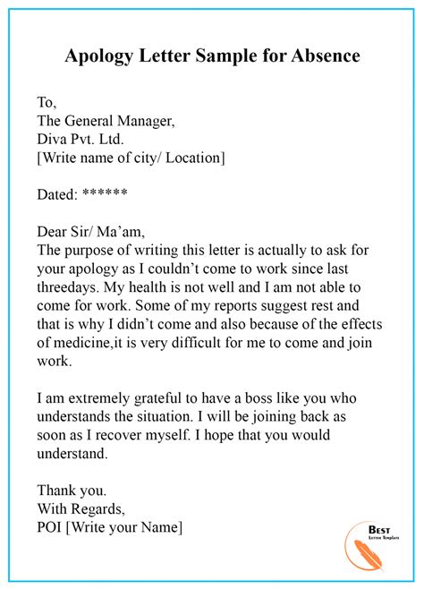 Apology Letter For Absence Format Sample Template Example