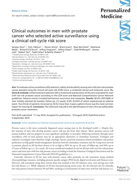 Pdf Clinical Outcomes In Men With Prostate Cancer Who Selected Active Surveillance Using A
