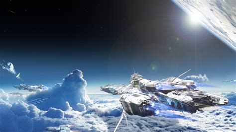 Star Citizen Space Bengal Class Carrier Clouds Lens Flare Planet