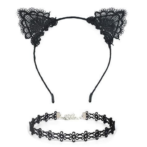 2pcs Black Sexy Lace Cat Ear Headbands And Lace Collar For