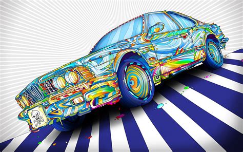 Digital Art Psychedelic Colorful Lines Car Bmw