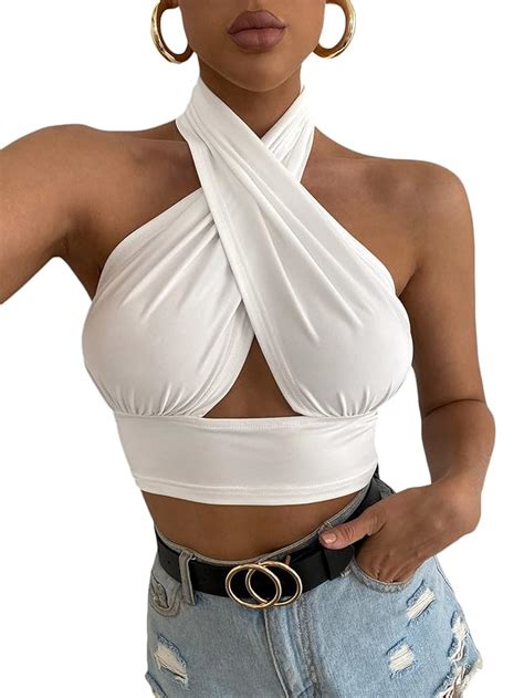 Buy Verdusa Womens Sexy Criss Cross Tie Backless Cut Out Front Crop Halter Top White M At