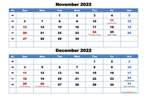 Printable Calendar November And December 2022 Word Pdf