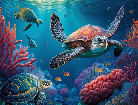Coral Reef Sea Turtle Beautiful Ocean Background Ocean Sea Turtle