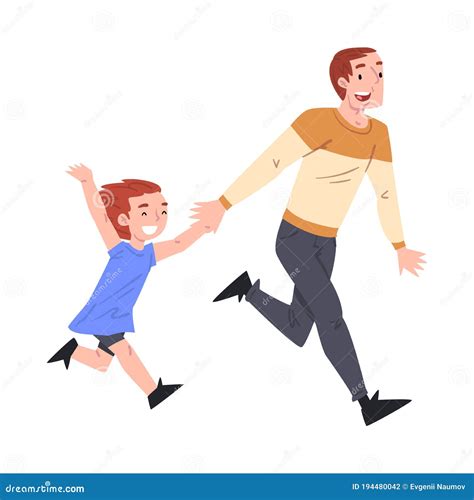 Happy Dad And His Little Son Running Together Father And His Kid