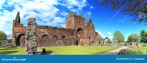 Sweetheart Abbey Ruins Panorama From Cloisters New Abbey Scotland