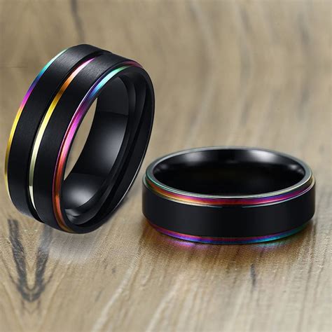 Black Stainless Steel Basic Ring For Men With Rainbow Line Classic Male