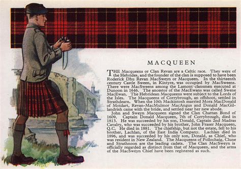 Macqueen Scotland Scottish Clans Tartans Arms 1957 Old Vintage Print