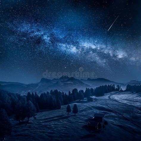 Milky Way Over Alpe Di Siusi Dolomites Mountain At Night Stock Image
