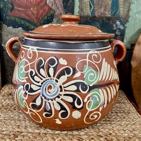 Vintage Large Mexican Terracotta Bean Pot Hand Painted With Spelling