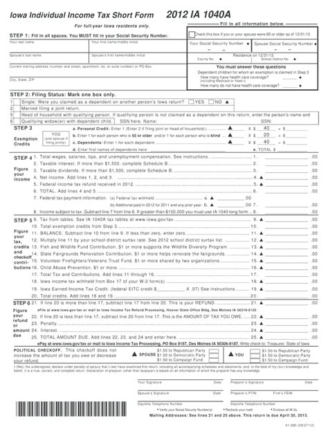 2012 2024 Form Ia Dor 1040a Fill Online Printable Fillable Blank