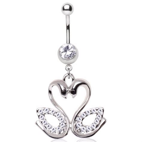 316l Surgical Steel Gemmed Swan Couple Dangle Navel Ring Belly