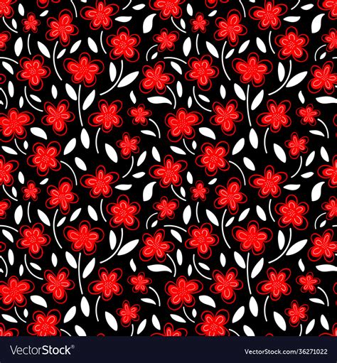 Red Flowers On A Black Background Pattern Vector Image