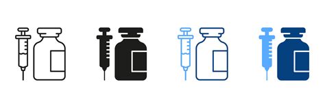 Injeção Tratamento Gripe Vacinação Preto E Cor Símbolo Coleção Médico Vidro Garrafa E Seringa