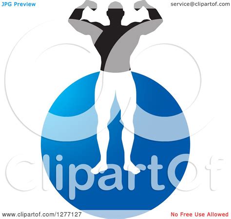Clipart Of A Flexing Male Bodybuilder Over A Blue Circle Royalty Free
