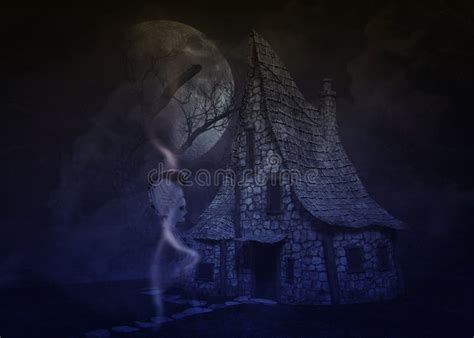 3d Abstract Witch House In Night Forest And Ghost Stock Illustration