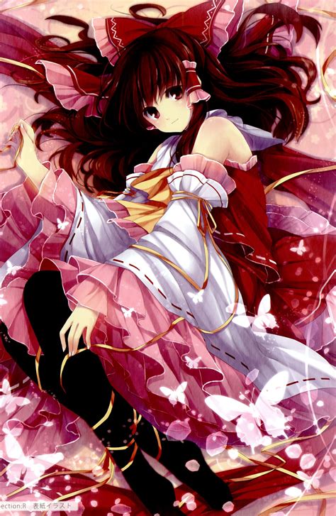 Touhou Dress Redheads Red Eyes Hakurei Reimu Smiling Lying