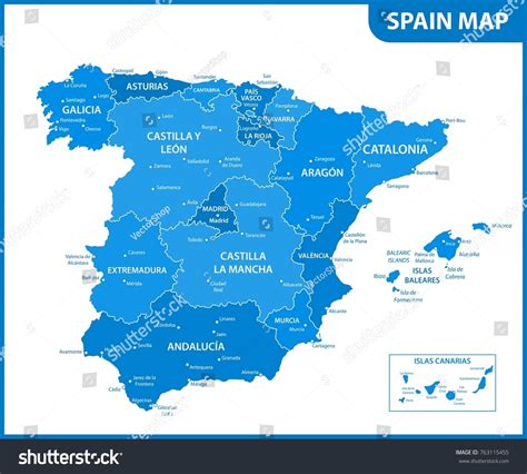 Detailed Map Spain Regions States Cities Stock Vector Royalty Free