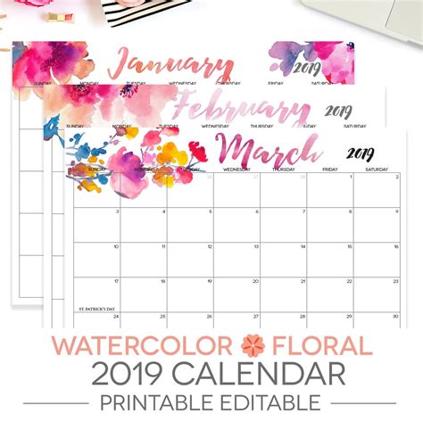 2019 Printable Calendar Editable 12 Month Letter Size Etsy