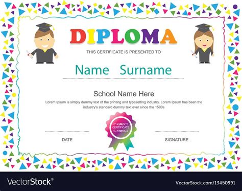 Preschool Kids Diploma Certificate Elementary Vector Image Preschool