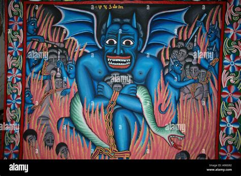 Wall Painting Blue Coloured Devil With Sinners Stock Photo Alamy
