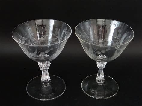 Two Antique Fostoria Cynthia Clear Depression Glass Cut Glass Champagne Tall Sherbet Wine