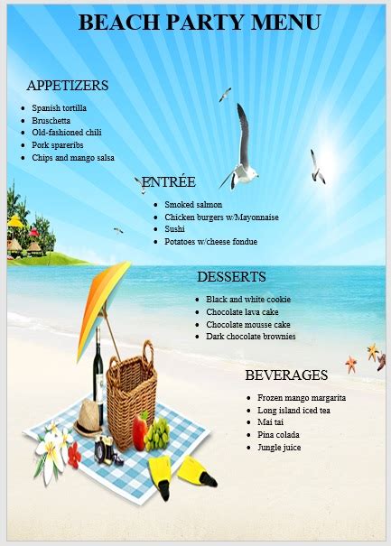 It is best suited for all kinds of restaurants, cafes, and food bars. 11 Free Beach Party Menu Templates - My Word Templates