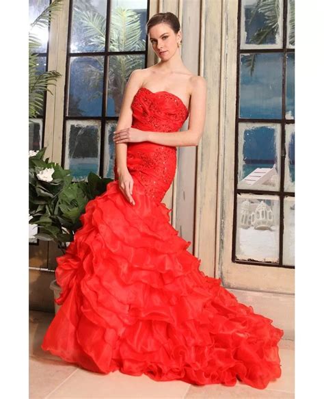 Red Mermaid Sweetheart Sweep Train Tulle Wedding Dress With Beading Cascading Ruffle Op80006