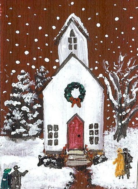 Aceo Original Painting Folk Art Church Snow By Moody Christmas Art