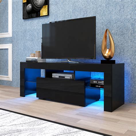 Black TV Stand for Up to 65 Inch TV, YOFE High Gloss TV Stand with LED