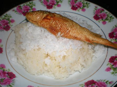 Letak potongan tepung hijau dan pulut di dalam pinggan/mangkuk, kemudian tuangkan kuah. Dari Dapur NaSya: pulut ikan kering