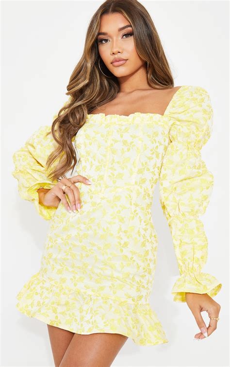 Yellow Jacquard Corset Puff Sleeve Bodycon Dress Prettylittlething Qa