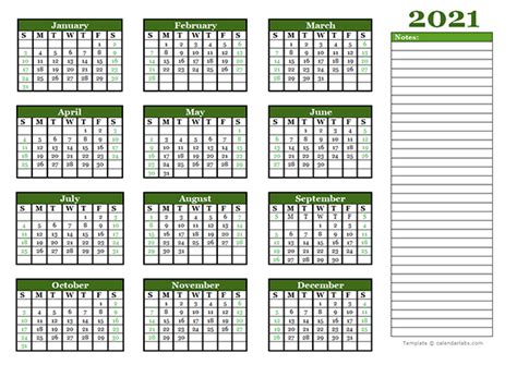 A classic design printable 2021 monthly word calendar with the usa federal holidays embedded within large boxes for the days. 2021 Yearly Calendar With Blank Notes - Free Printable ...
