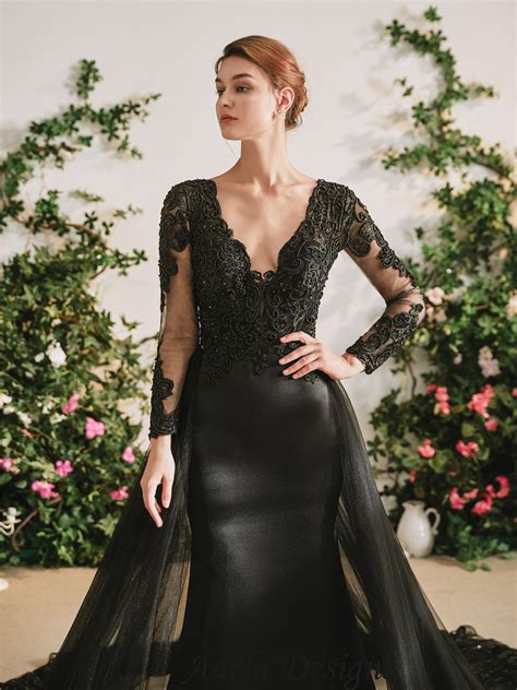 Black Mermaid Gothic Wedding Dress With Detachable Train Adela Designs