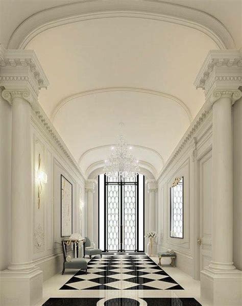 An Elegant Hallway With Black And White Checkered Flooring