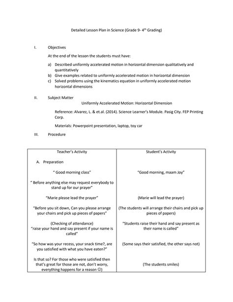 Solution 7e Detailed Lesson Plan In Uniformly Accelerated Motion