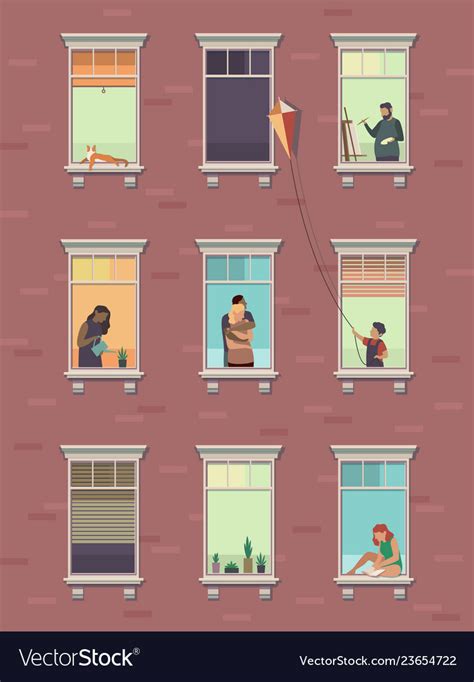 Windows With People Opened Window Neighbors Vector Image