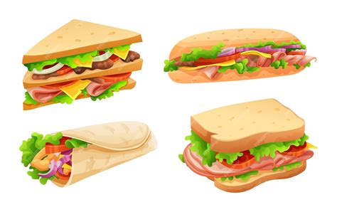 Premium Vector Set Of Delicious Sandwiches In Cartoon Style