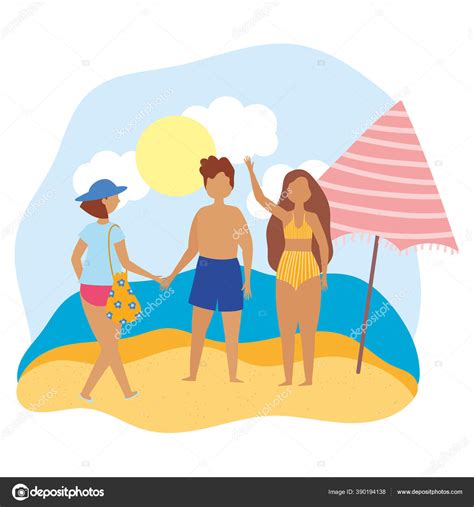 Summer People Activities Man And Women With Umbrella In The Beach